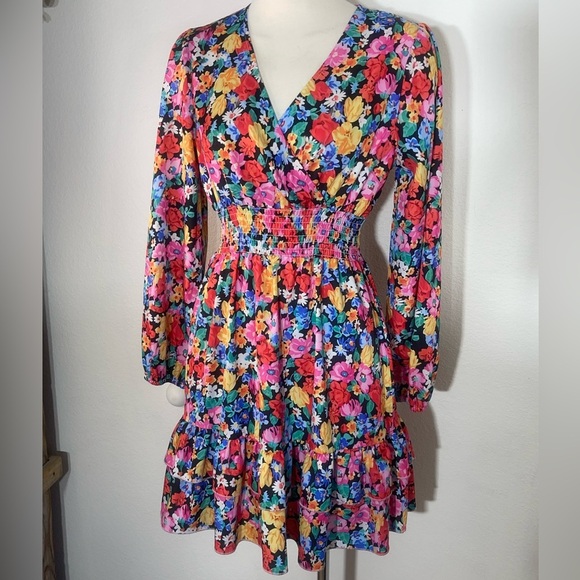 floral Dresses & Skirts - Floral V Neck Long Puff Sleeve Boho Peasant Ruffle Mini Dress Size Small Hippie